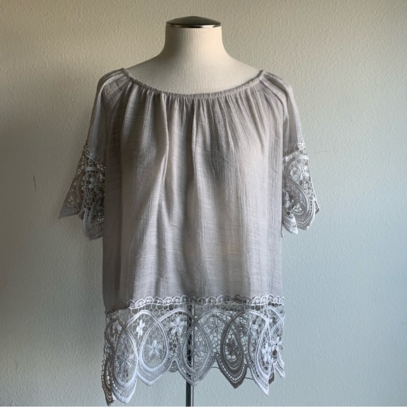 Gray lace off the shoulder top.  Light weight with elastic rounded neckline. S/M - Picture 3 of 8
